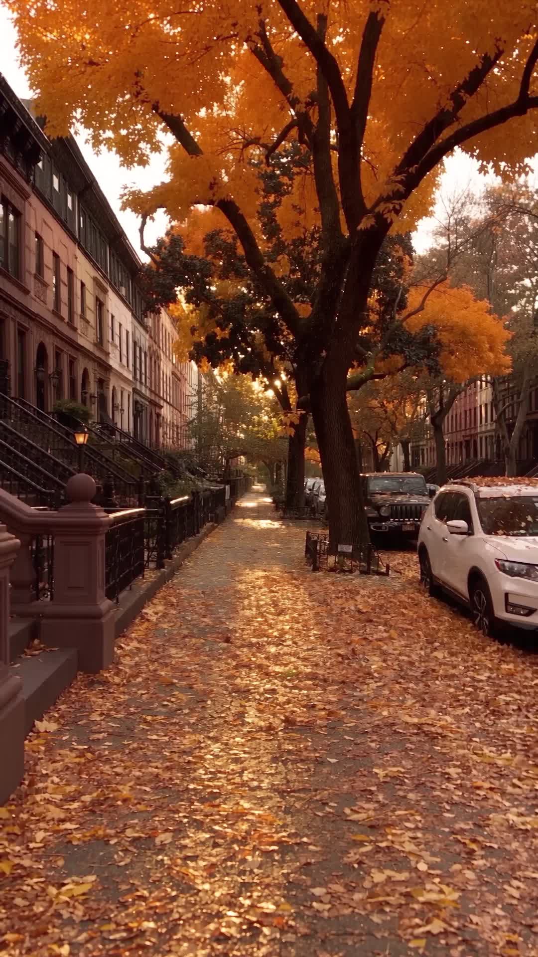 Leaf-Covered Sidewalk in Brooklyn at Golden Hour