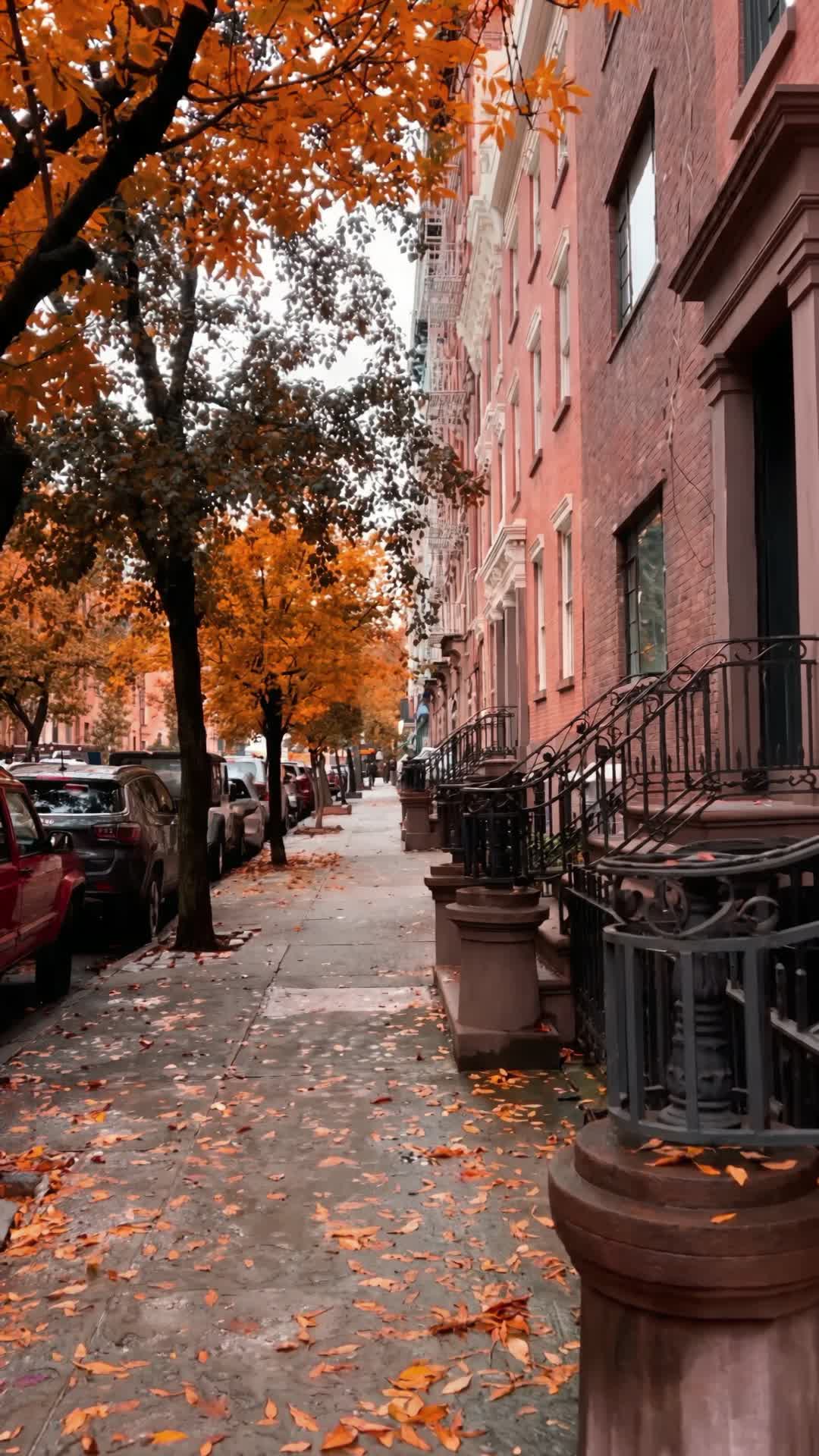 Autumn Brownstone Street with Falling Leaves