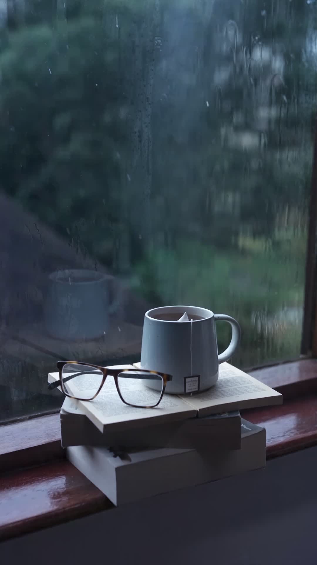 Mug of Tea and Glasses on Rainy Windowsill