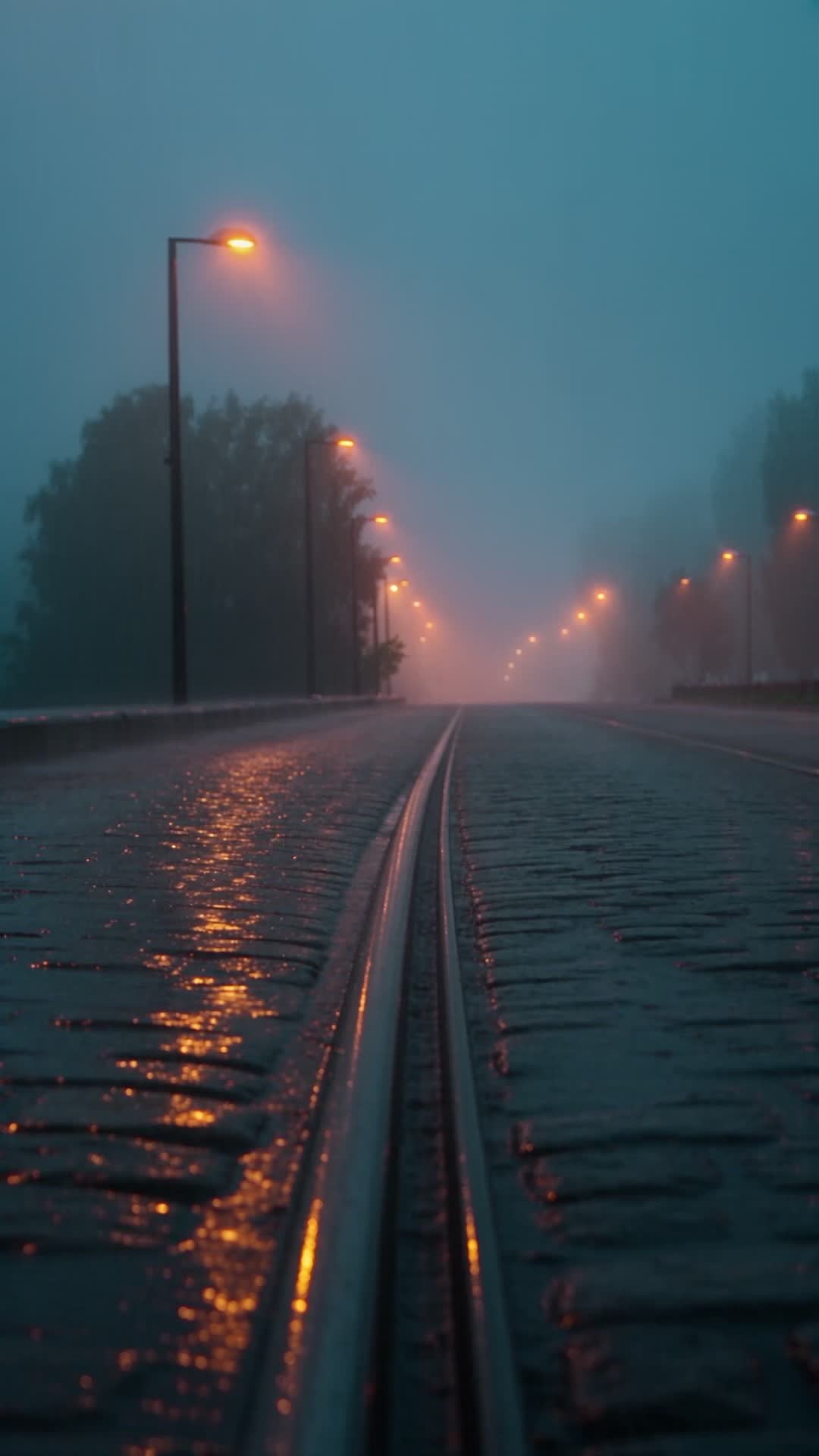 Rainy Road at Blue Hour with Tram Lights