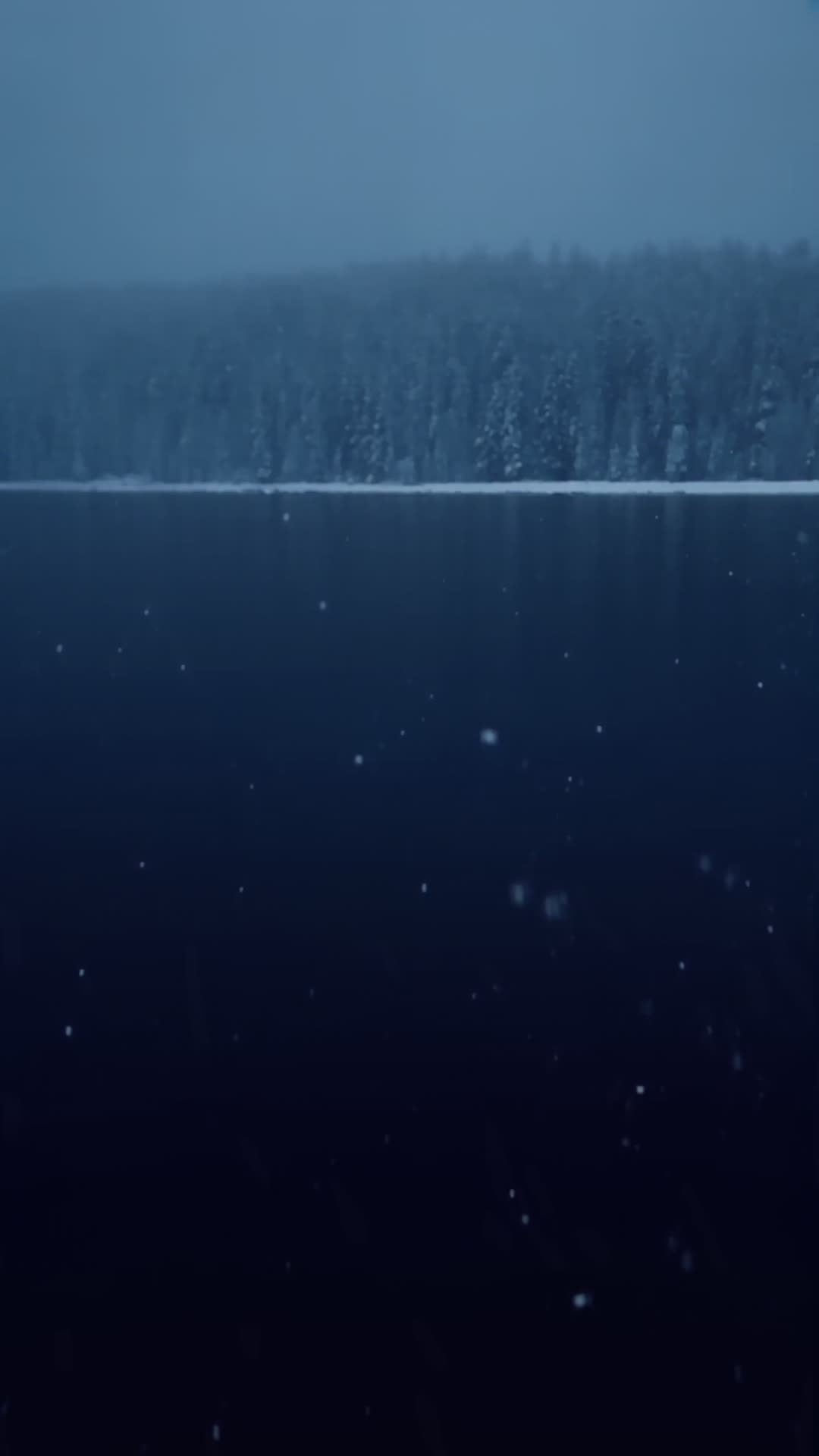 Snowfall on Dark Lake at Dusk