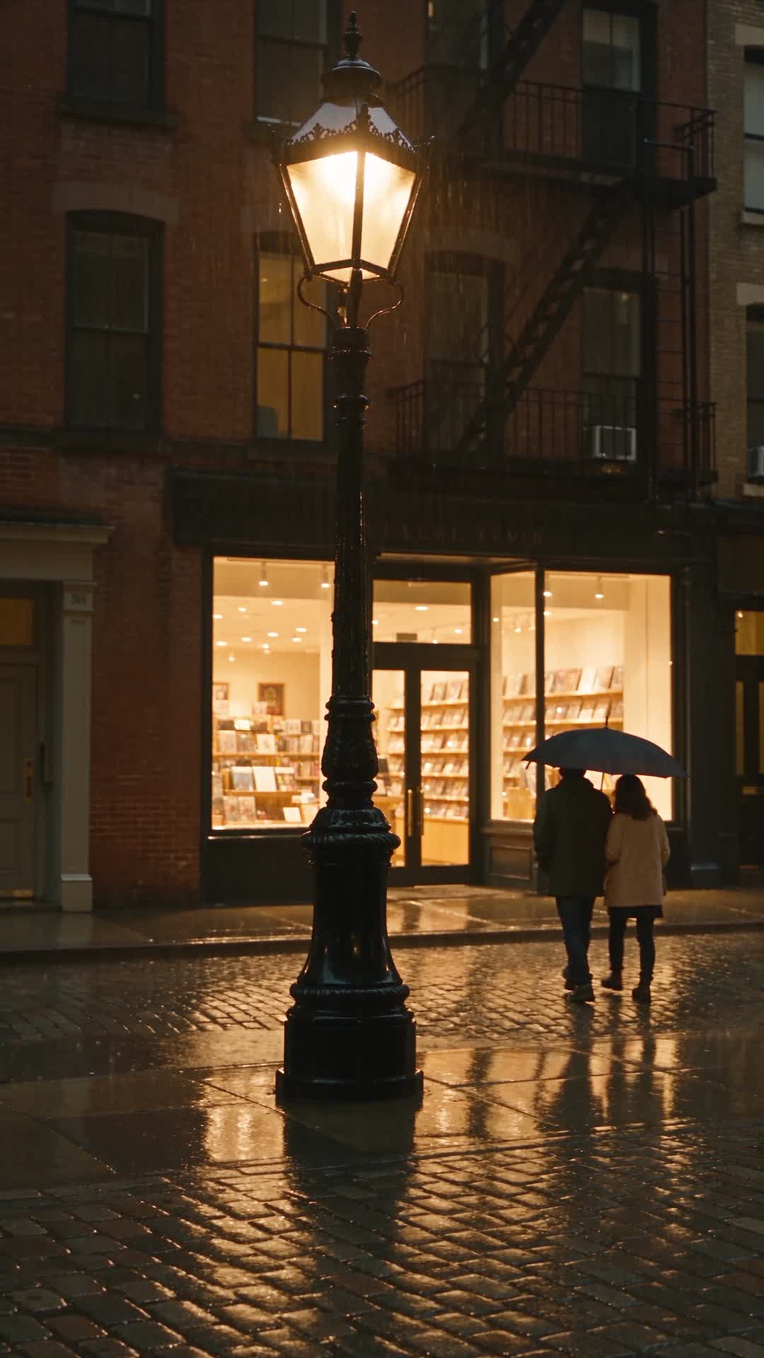 Couple Walking Under Umbrella on Rainy City Street